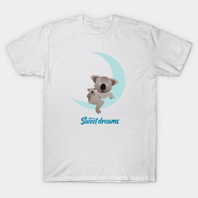 Sweet dreams - Koalas on the moon with typography T-Shirt by Piakolle